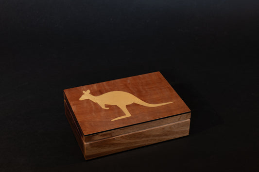 Myrtle with inlayed Huon Pine Kangaroo